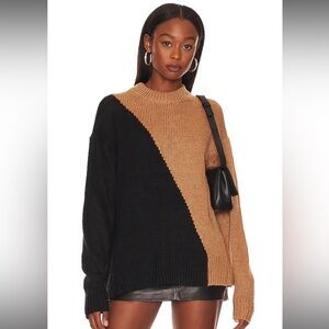 L’Academie Dagan Color Block Crewneck in Black & Camel NWT